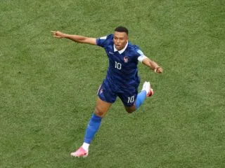 Kylian Mbappe merayakan gol untuk timnas Prancis saat melawan Irak di Piala Dunia 2026.
