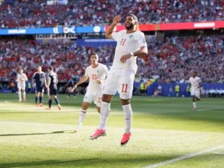 Ismael Saibari merayakan gol kemenangan 1-0 Timnas Maroko atas Skotlandia di fase Grup C Piala Dunia FIFA 2026.