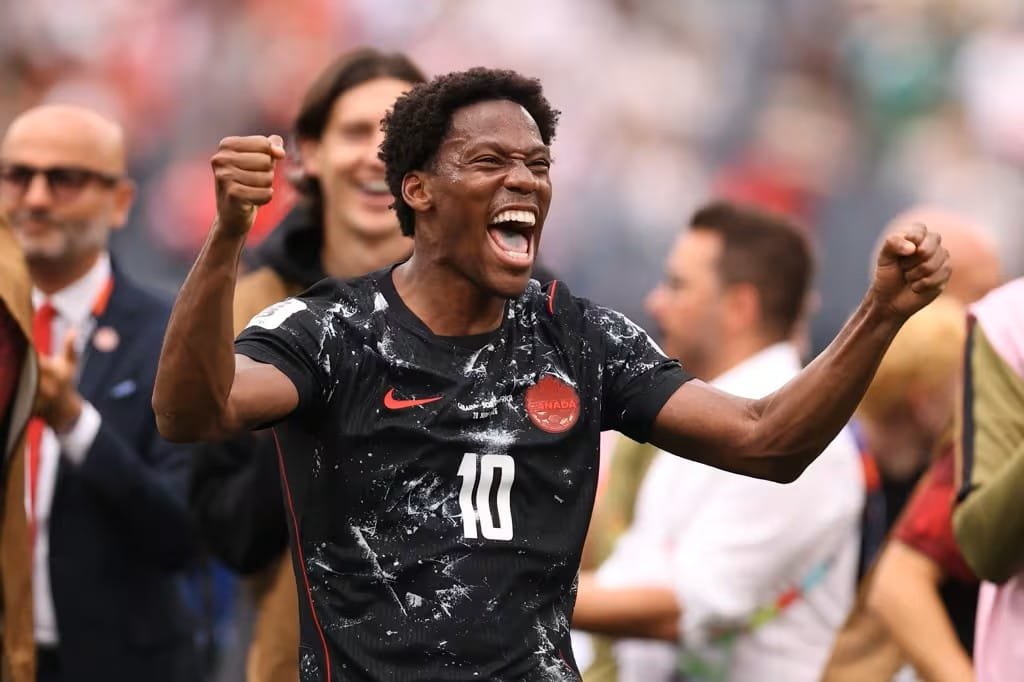 Stephen Eustaquio merayakan gol penentu kemenangan Kanada atas Afrika Selatan pada Babak 32 Besar Piala Dunia 2026.