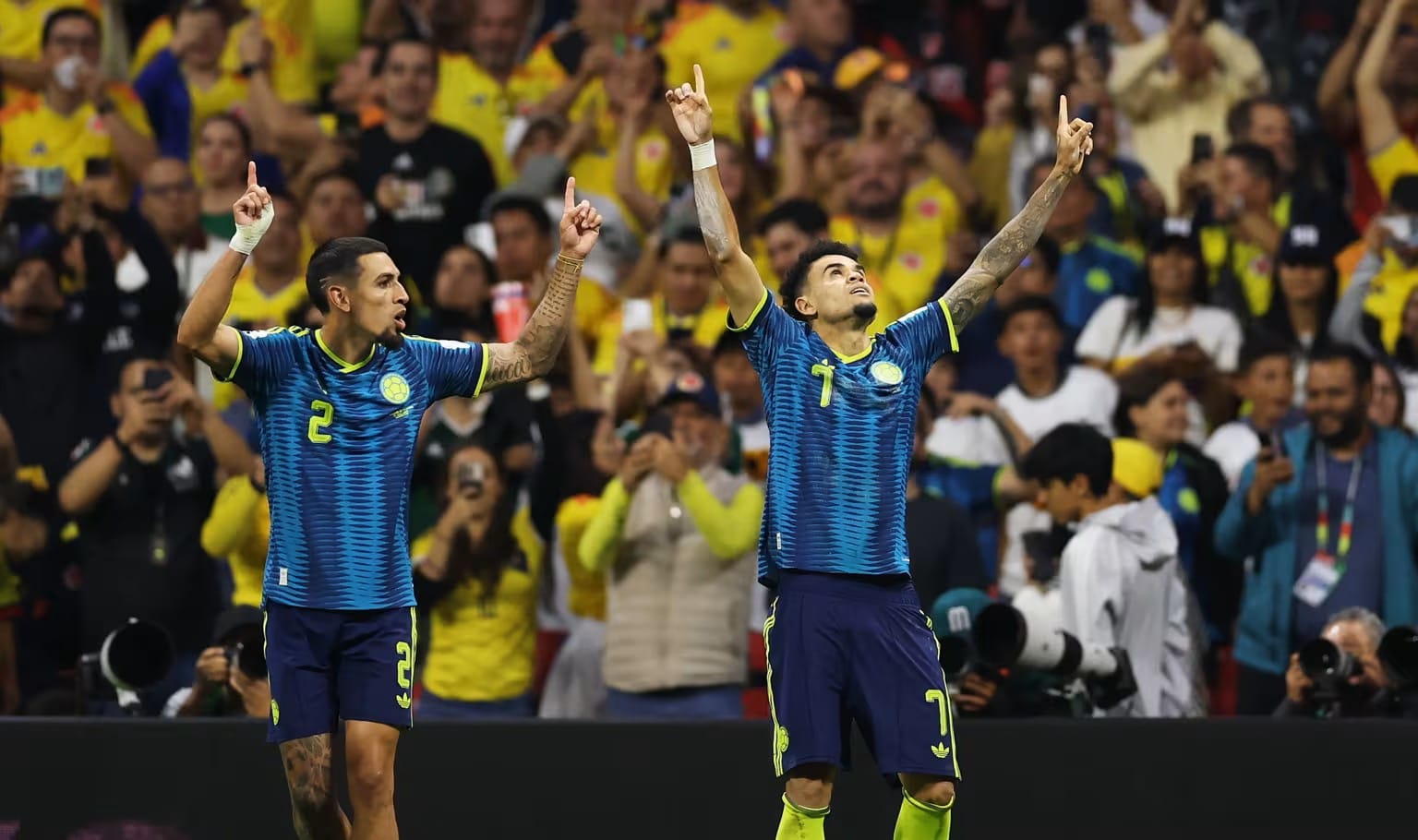 Luis Diaz merayakan gol untuk timnas Kolombia saat melawan Uzbekistan di Piala Dunia 2026.