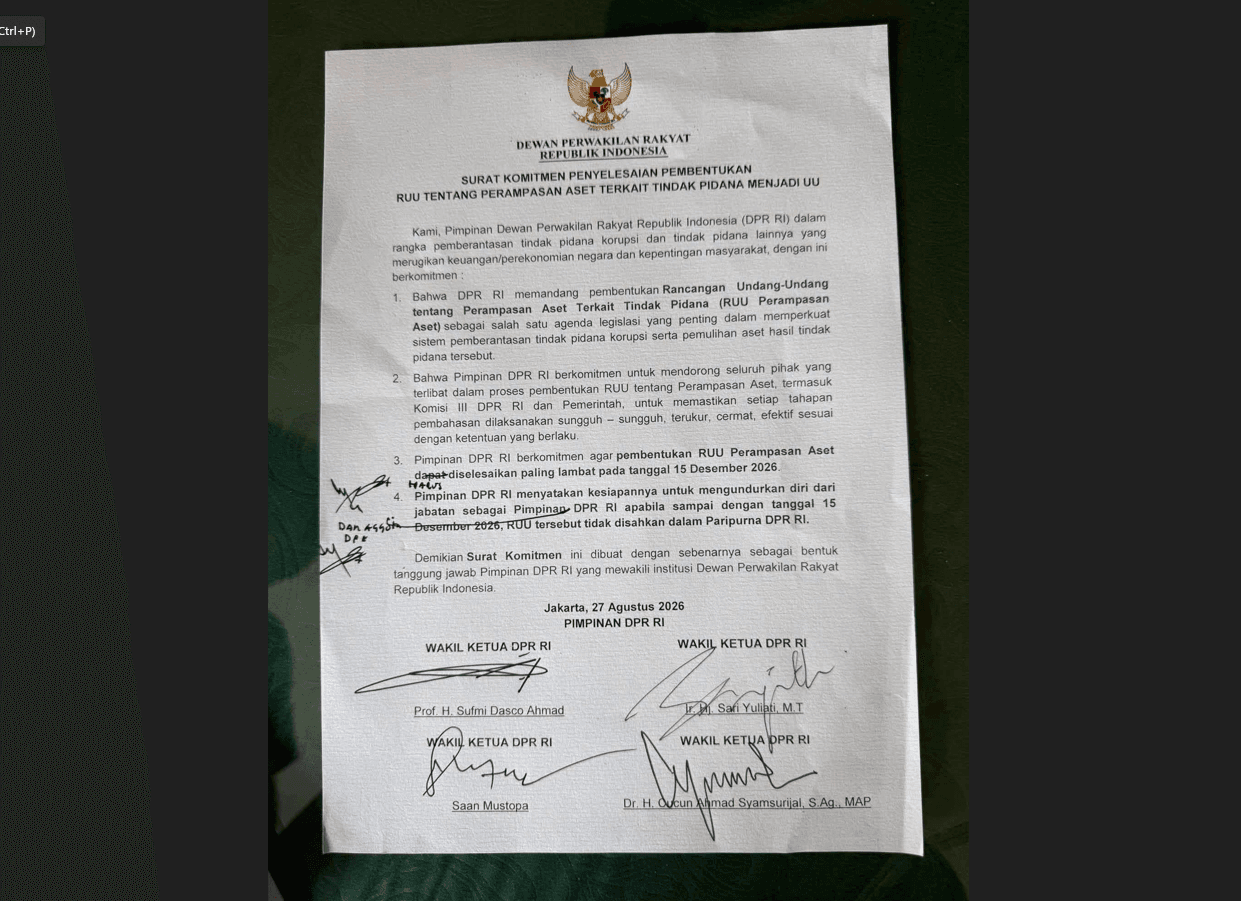 SURAT KOMITMEN PENYELESAIAN PEMBENTUKAN RUU TENTANG PERAMPASAN ASET.