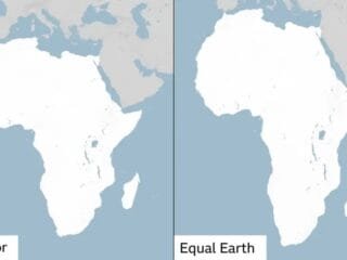 Perbandingan ukuran benua Afrika dan Greenland pada peta Equal Earth.