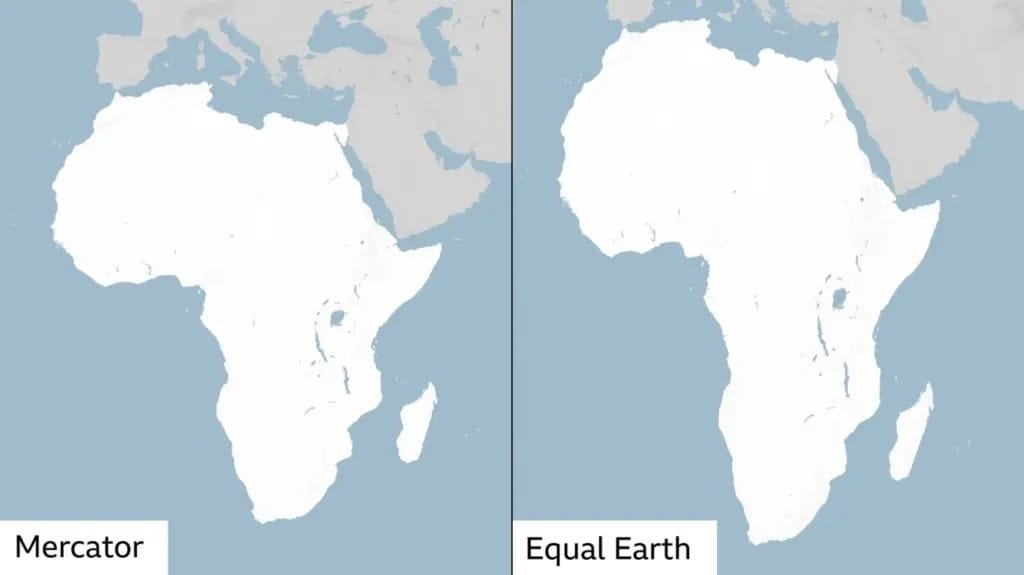 Perbandingan ukuran benua Afrika dan Greenland pada peta Equal Earth.